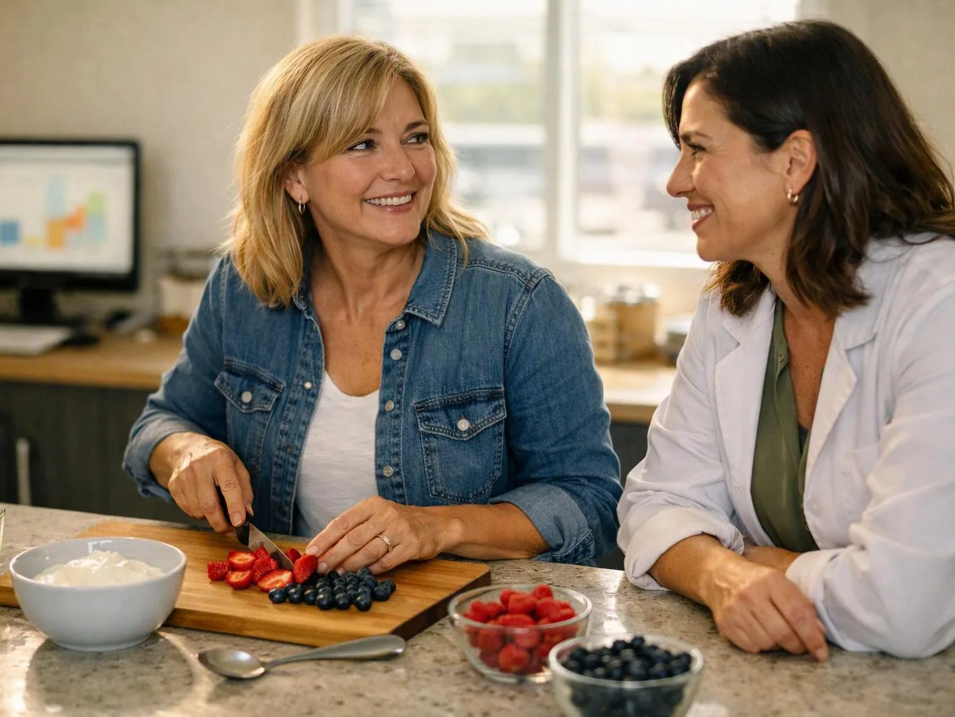 Two women smile at each other while one slices strawberries and blueberries in a bright kitchen