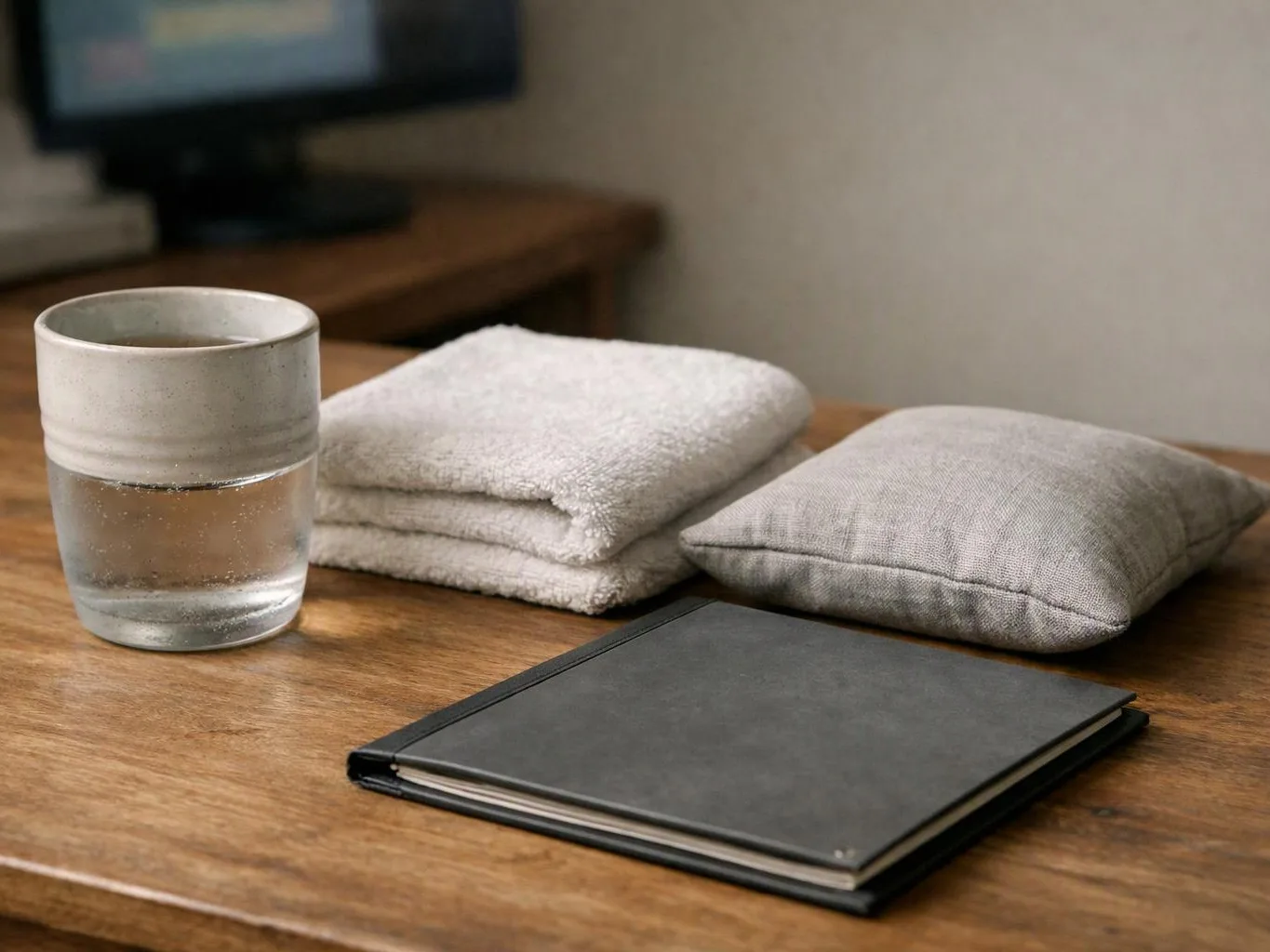 A water glass, folded white towels, a gray cushion, and a closed black notebook sit on a wooden table