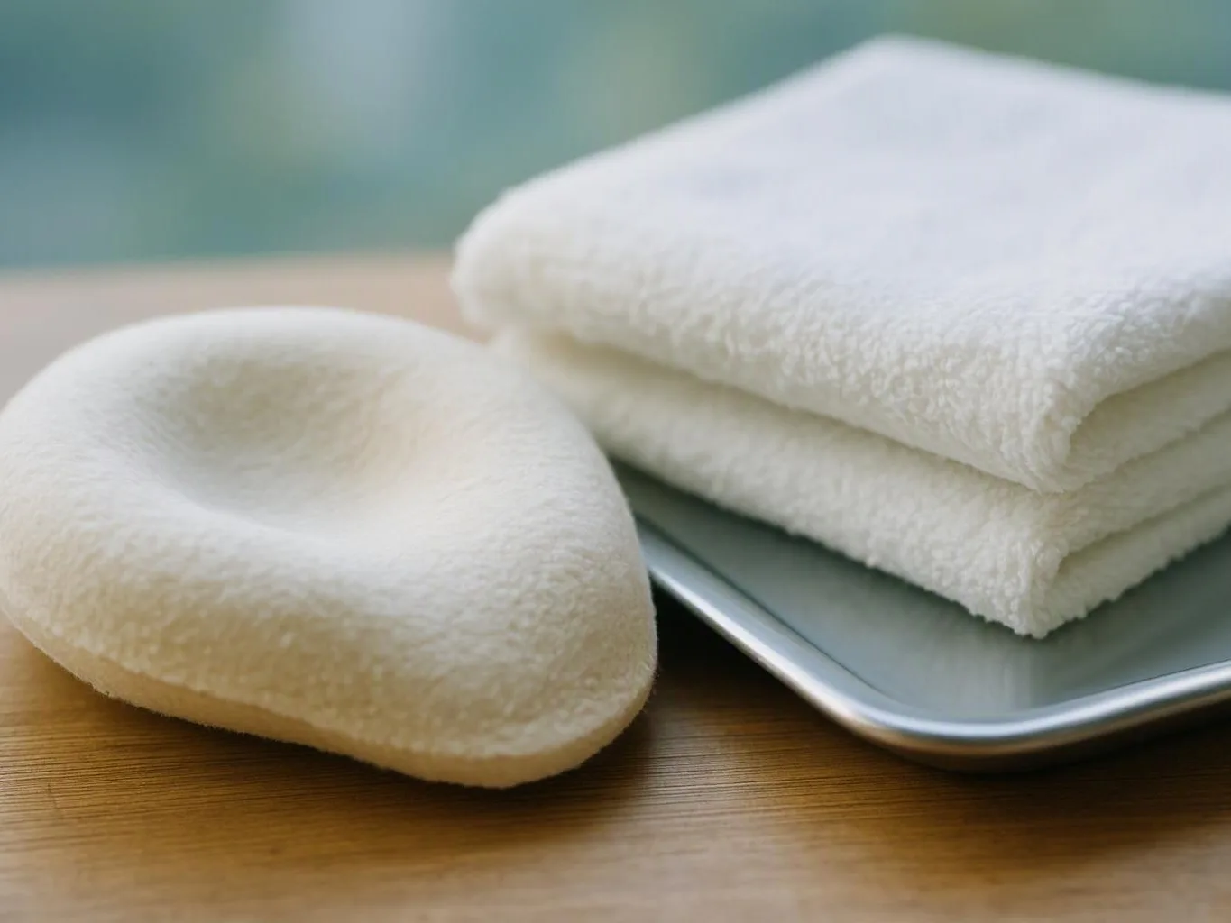 A white facial sponge sits beside folded white towels on a metal tray over a wooden table
