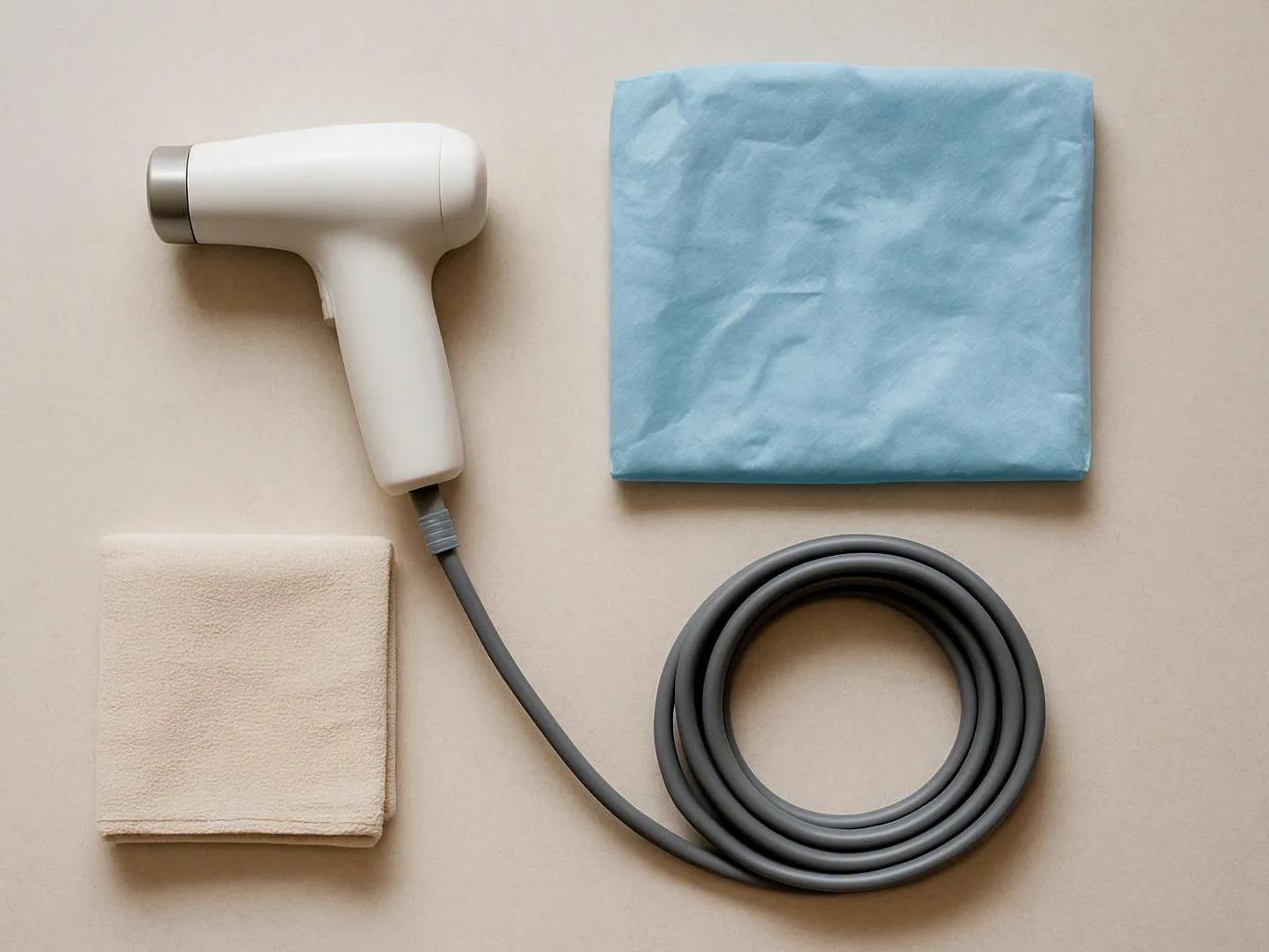 A white handheld device with a cord lies beside folded blue and beige cloths on a beige background