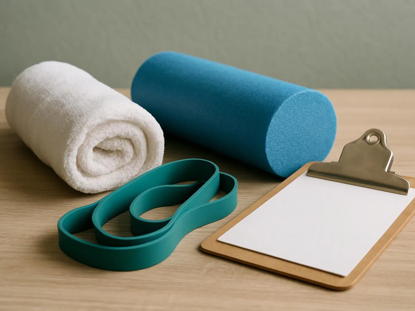 A white rolled towel, blue foam roller, teal resistance band, and blank clipboard sit on a wooden table