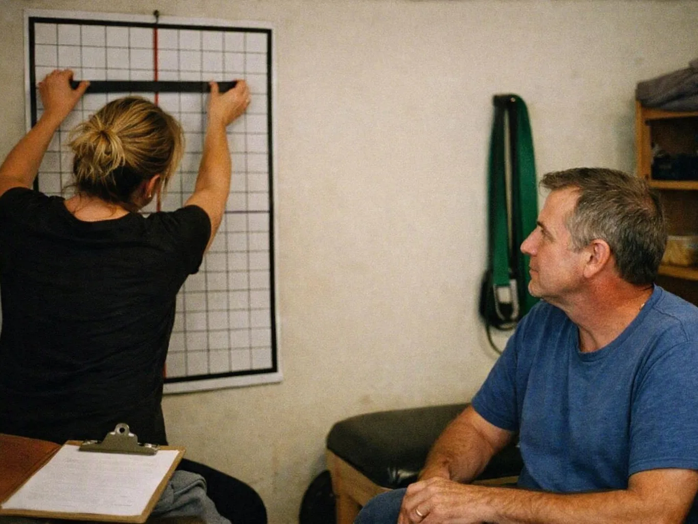 A woman adjusts a black strap on a wall chart while a seated man watches in a small room
