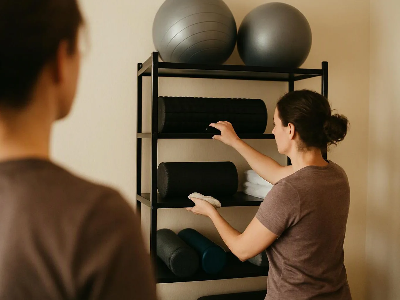 A woman arranges foam rollers and towels on a shelf while another person watches from the foreground