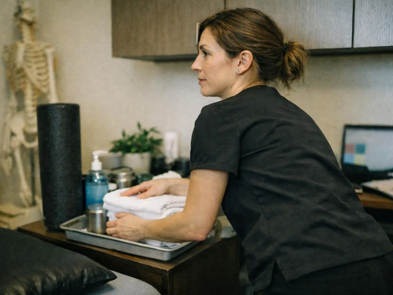 A woman in black scrubs arranges folded towels on a tray in a clinic room