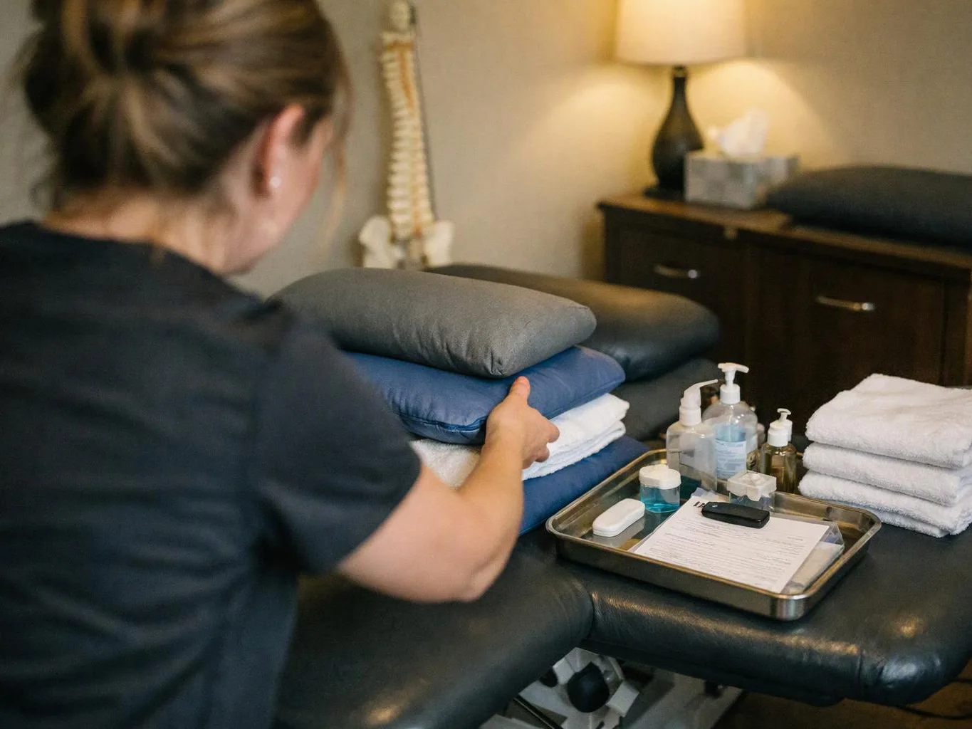 A woman in a clinic room stacks folded towels on a padded treatment table beside supplies and bottles