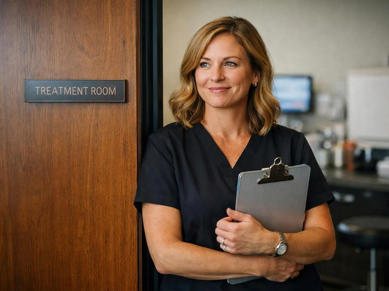 A woman in dark scrubs stands by a treatment room door holding a clipboard, with a clinic room behind her