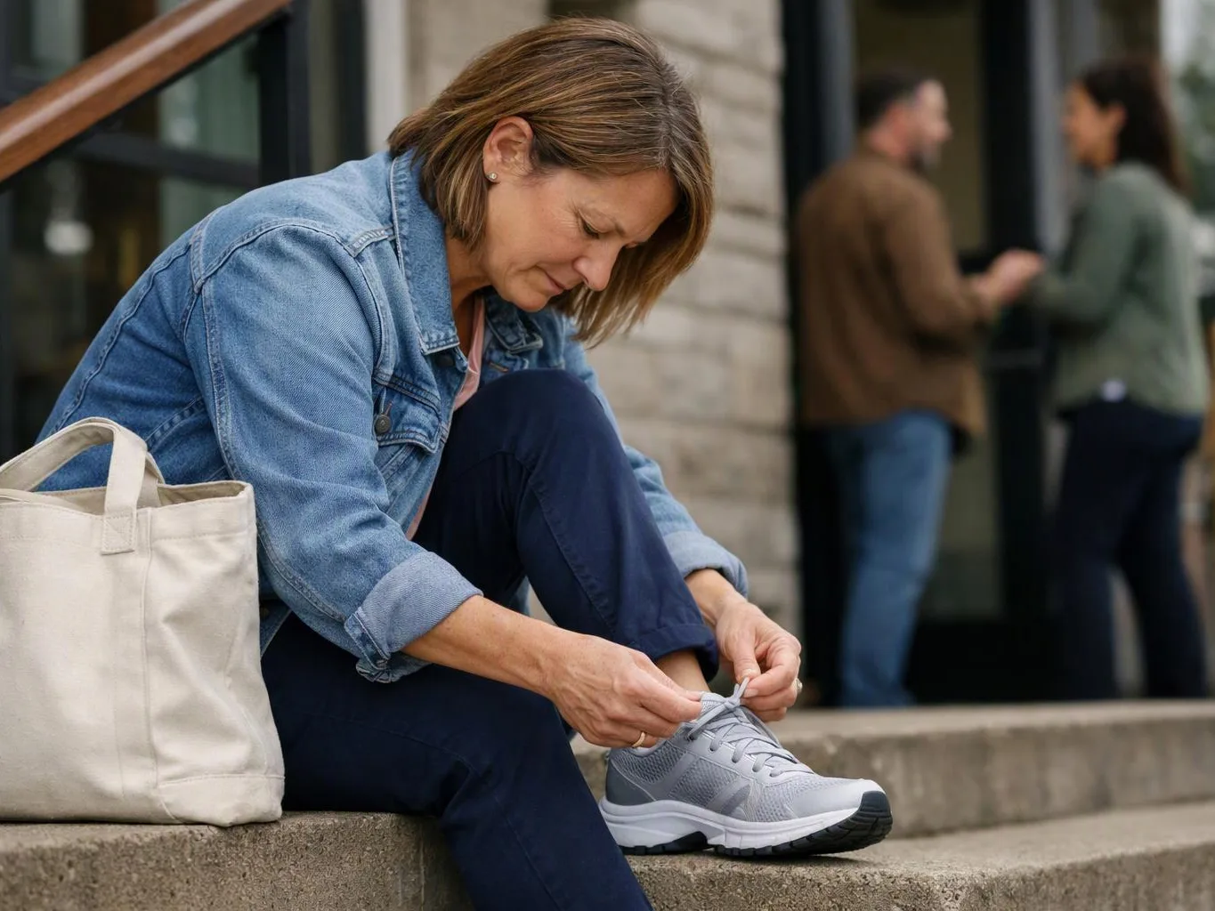 A woman in a denim jacket ties her sneaker while sitting on concrete steps beside a tote bag