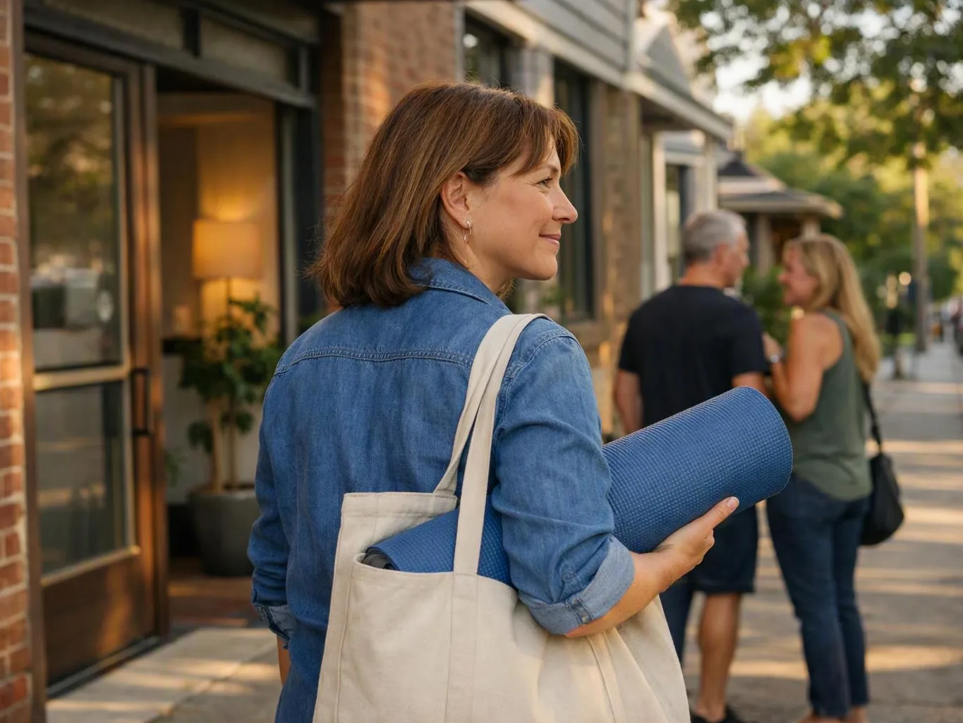 A woman in a denim shirt carries a blue yoga mat and tote bag on a sunny sidewalk