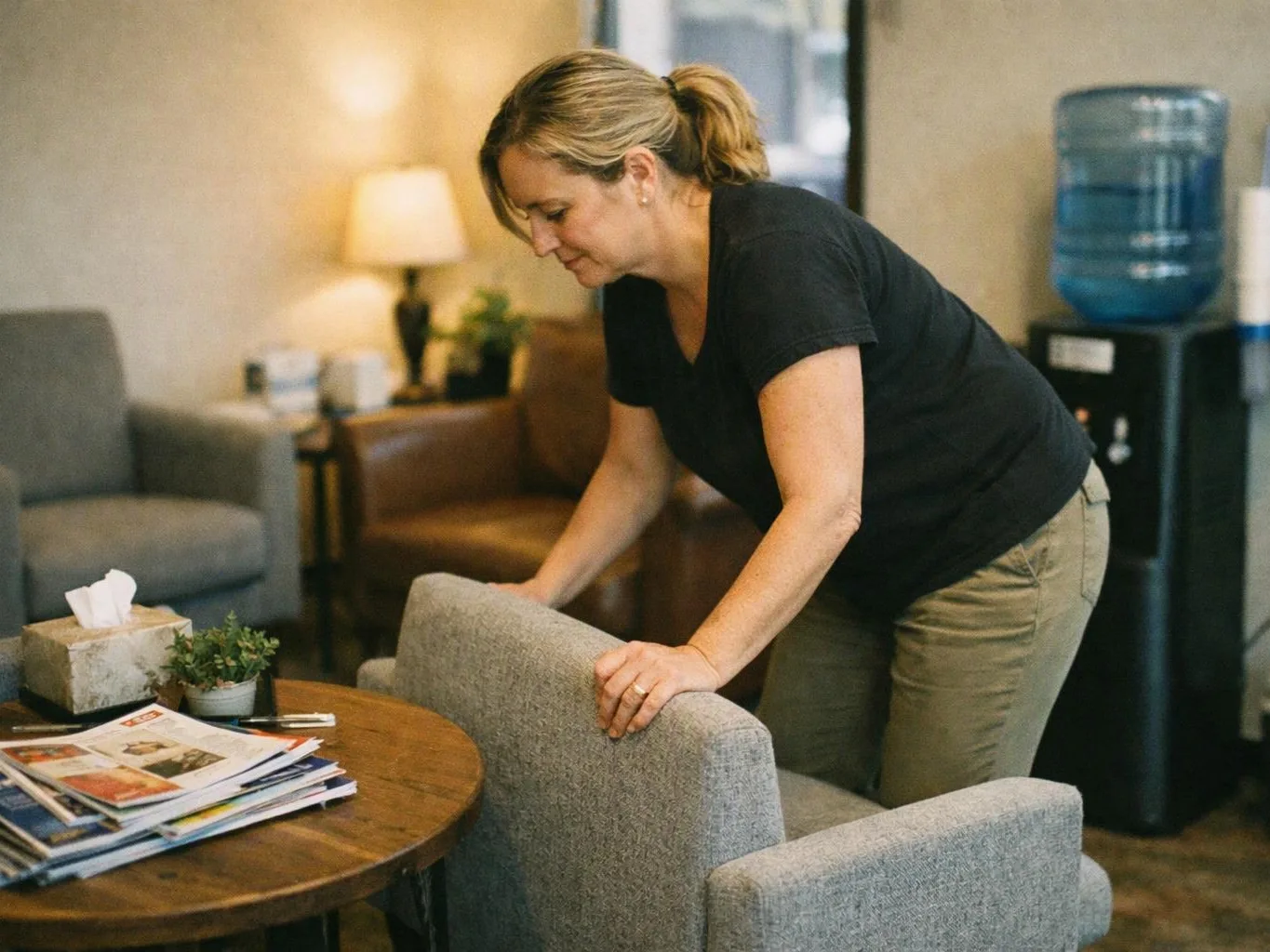 A woman leans over a gray chair in a cozy waiting room with a water cooler and table magazines