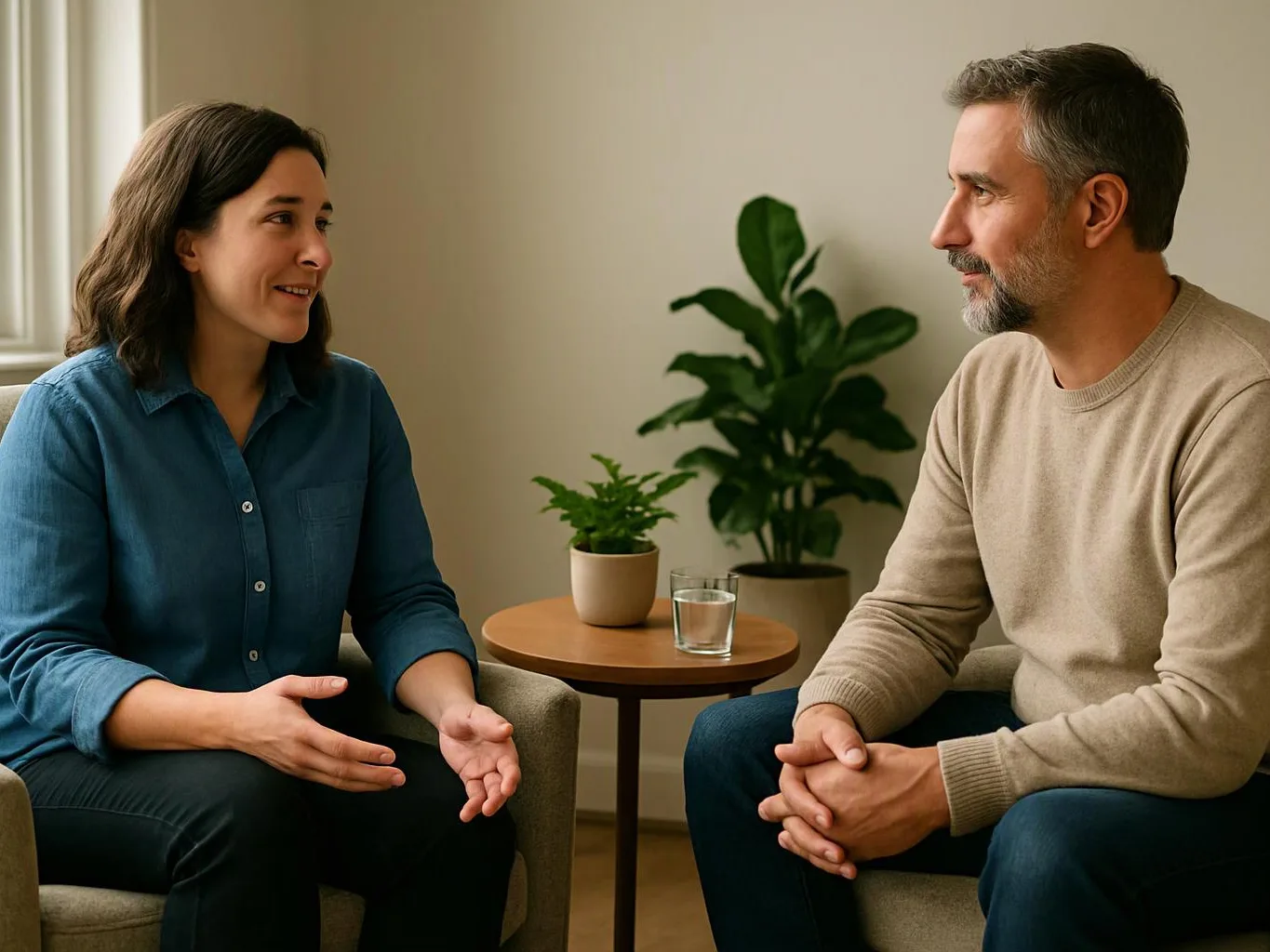 A woman and a man sit facing each other in a calm room, talking beside a small table with plants and a glass of water