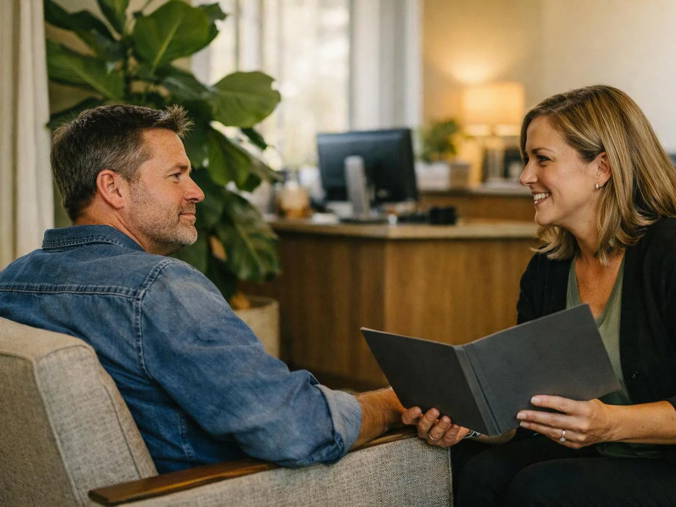 A woman shows a folder to a seated man in a warm office waiting area