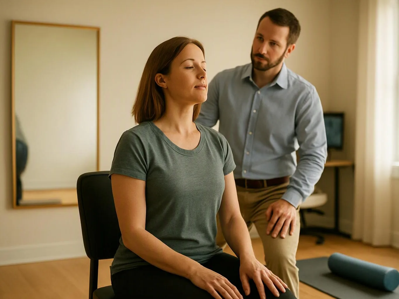 A woman sits with eyes closed while a man stands behind her in a bright room with a mirror and yoga mat