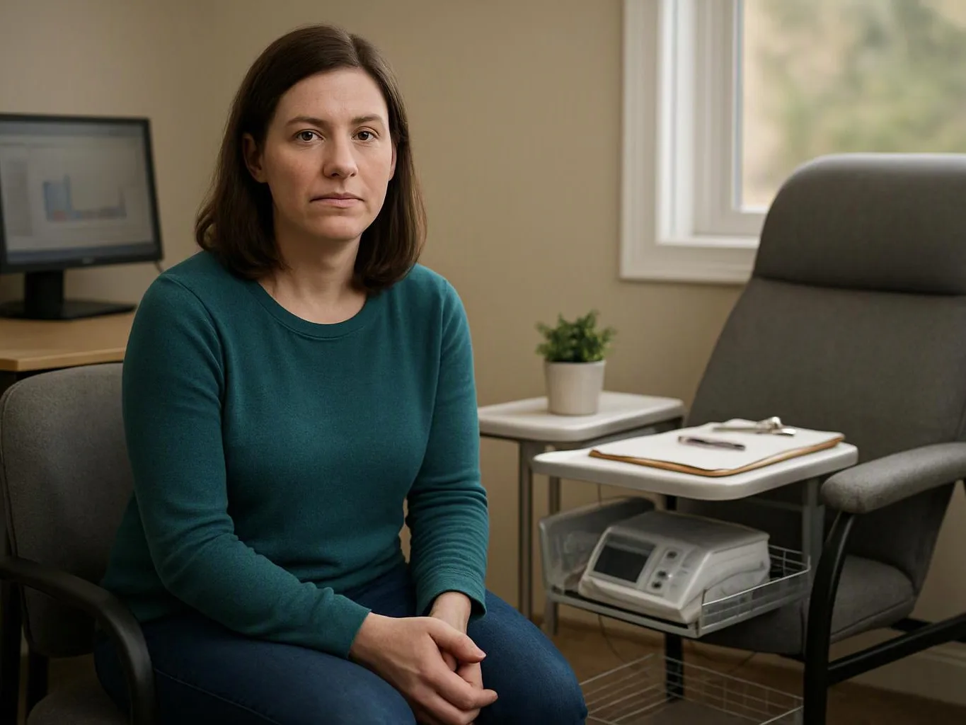 A woman sits in a small office beside an empty chair, a clipboard, and a medical device on a side table