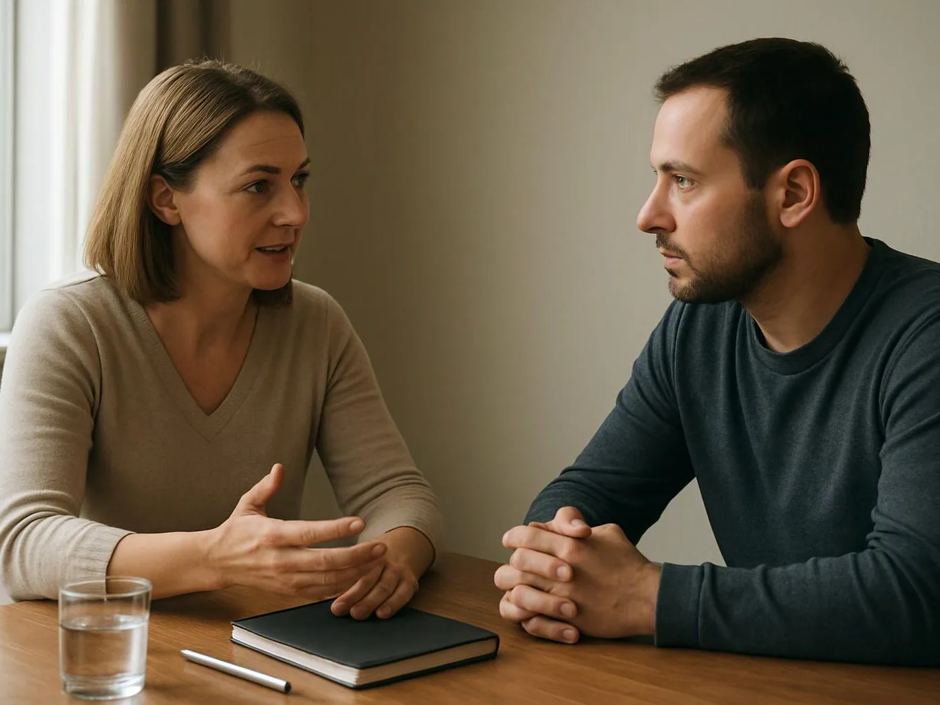 A woman speaks to a man across a table with a notebook and glass of water in a quiet room