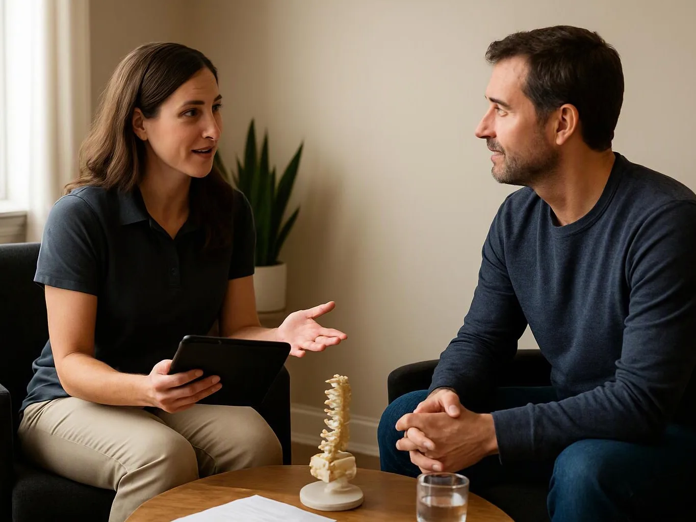 A woman speaks with a seated man while holding a tablet in a quiet office room