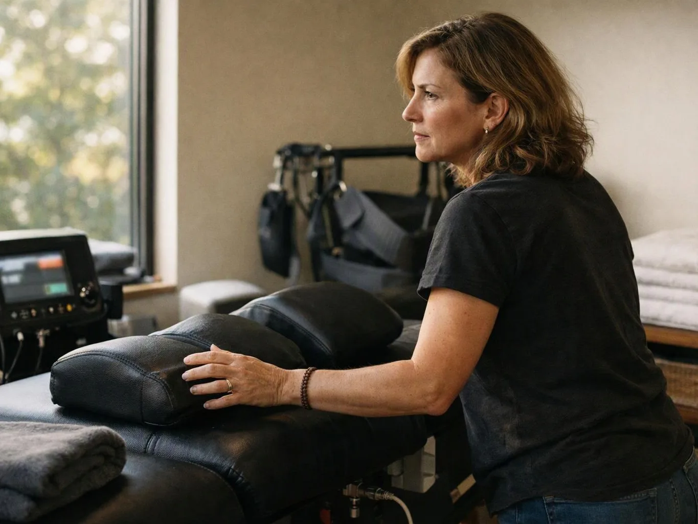 A woman steadies a black massage table in a sunlit treatment room