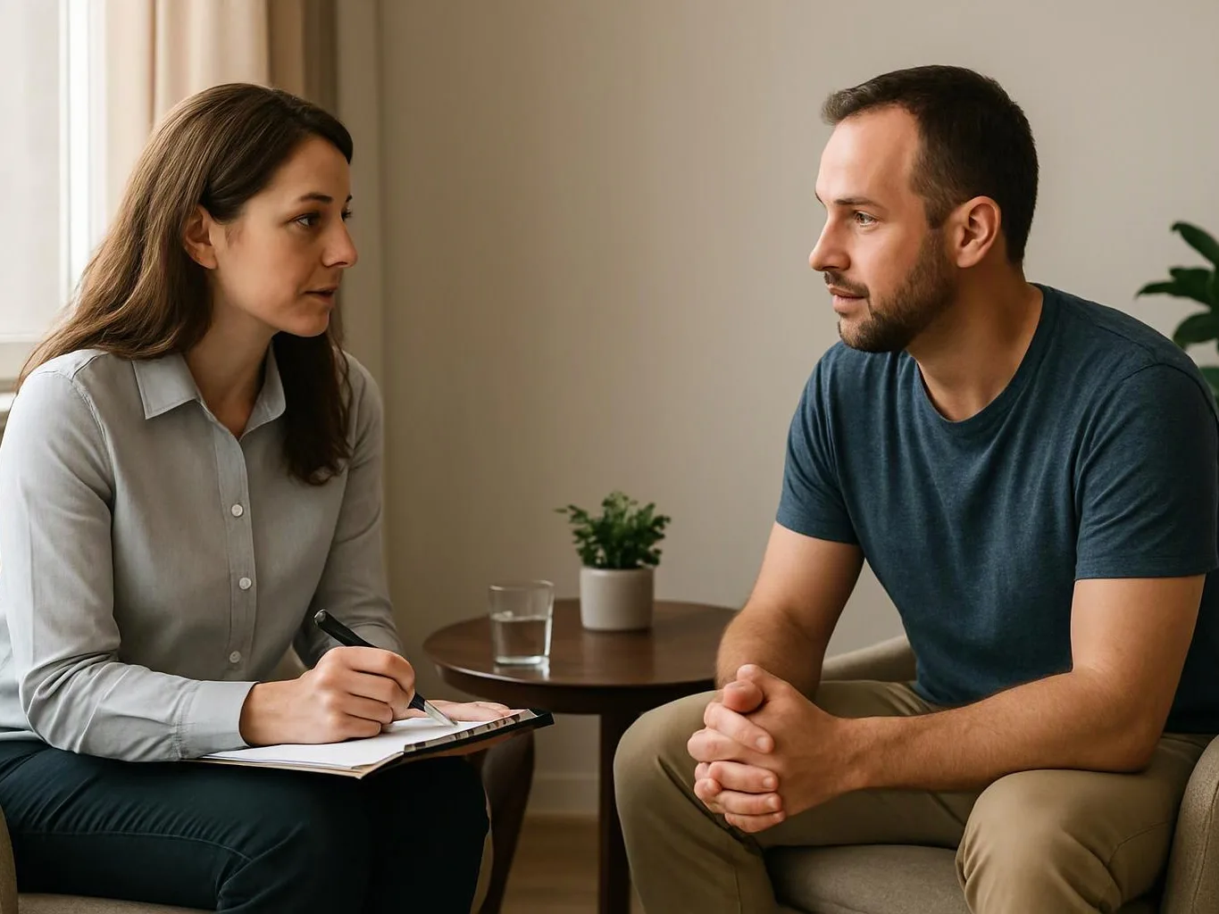 A woman takes notes while speaking with a seated man in a calm 상담 room