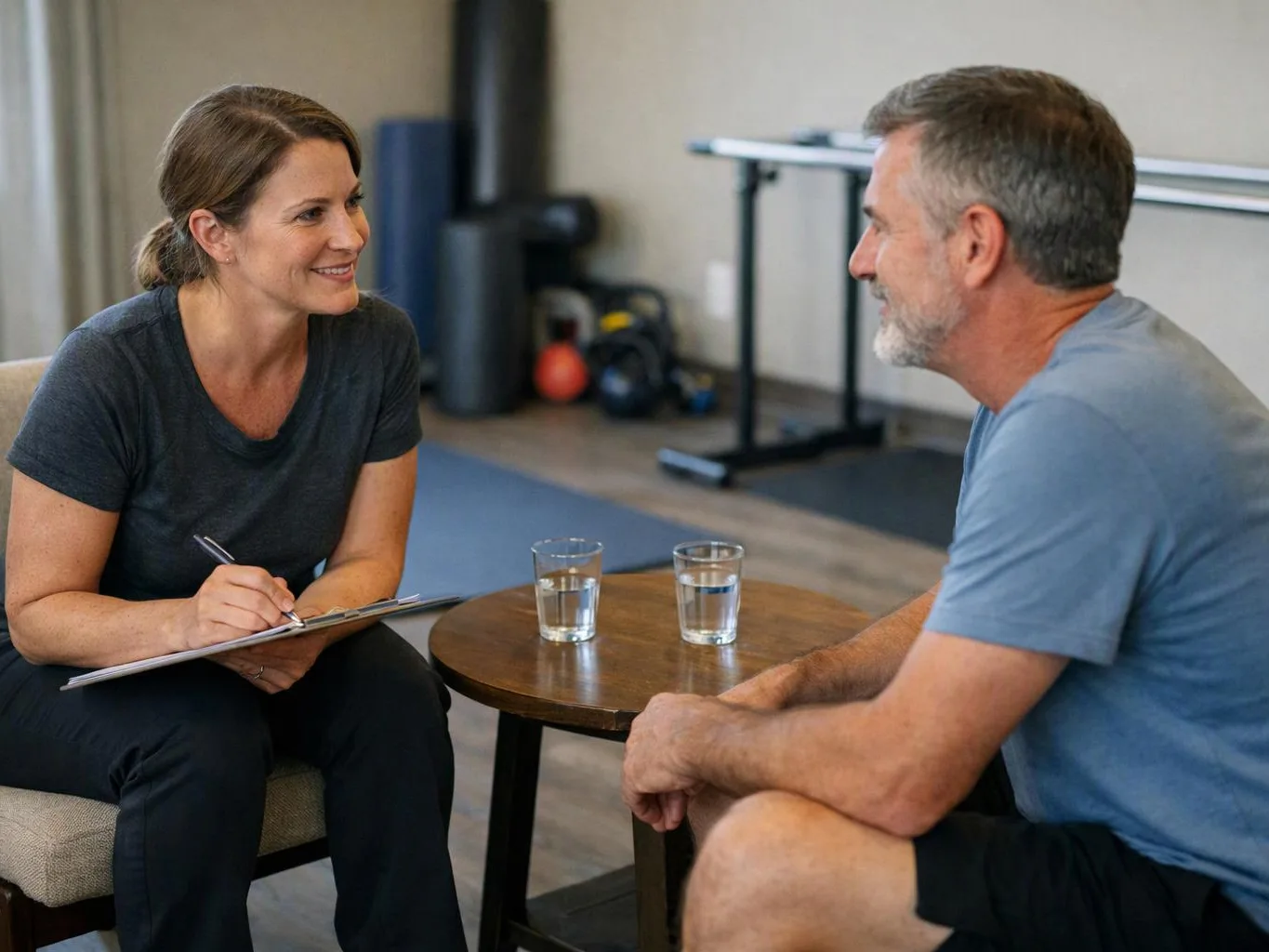 A woman takes notes while talking with a man beside a small table with two glasses in a gym room