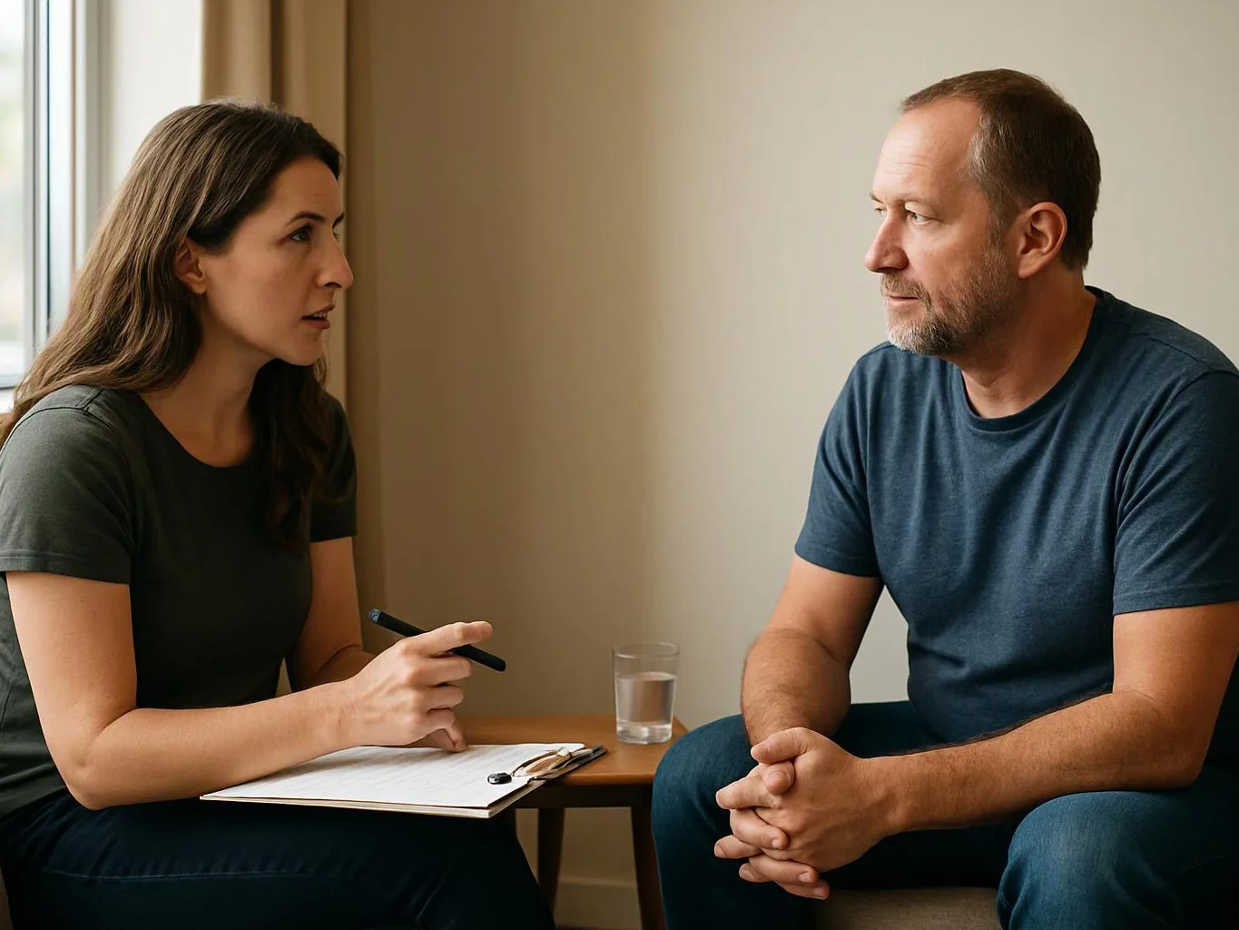 A woman takes notes while talking with a seated man in a plain room by a window
