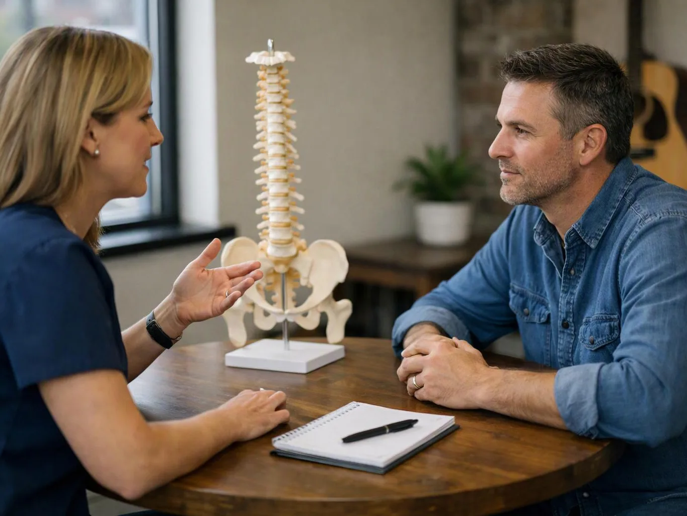 A woman talks with a man across a table, pointing near a spine model in a bright office