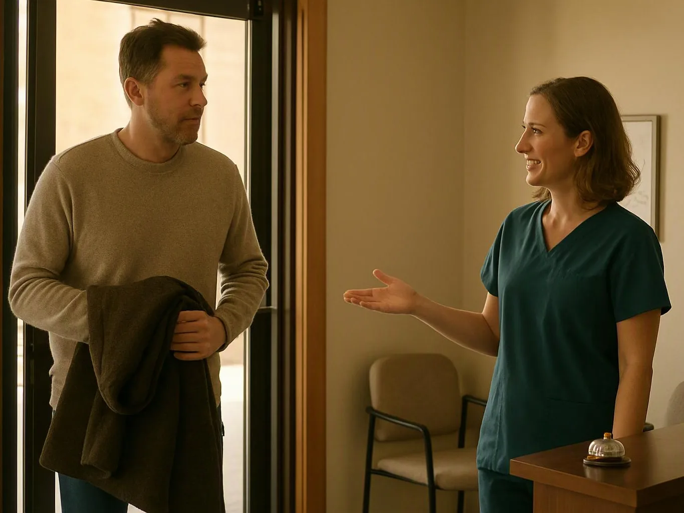A woman in teal scrubs gestures at a man holding a coat in a warm room near a doorway