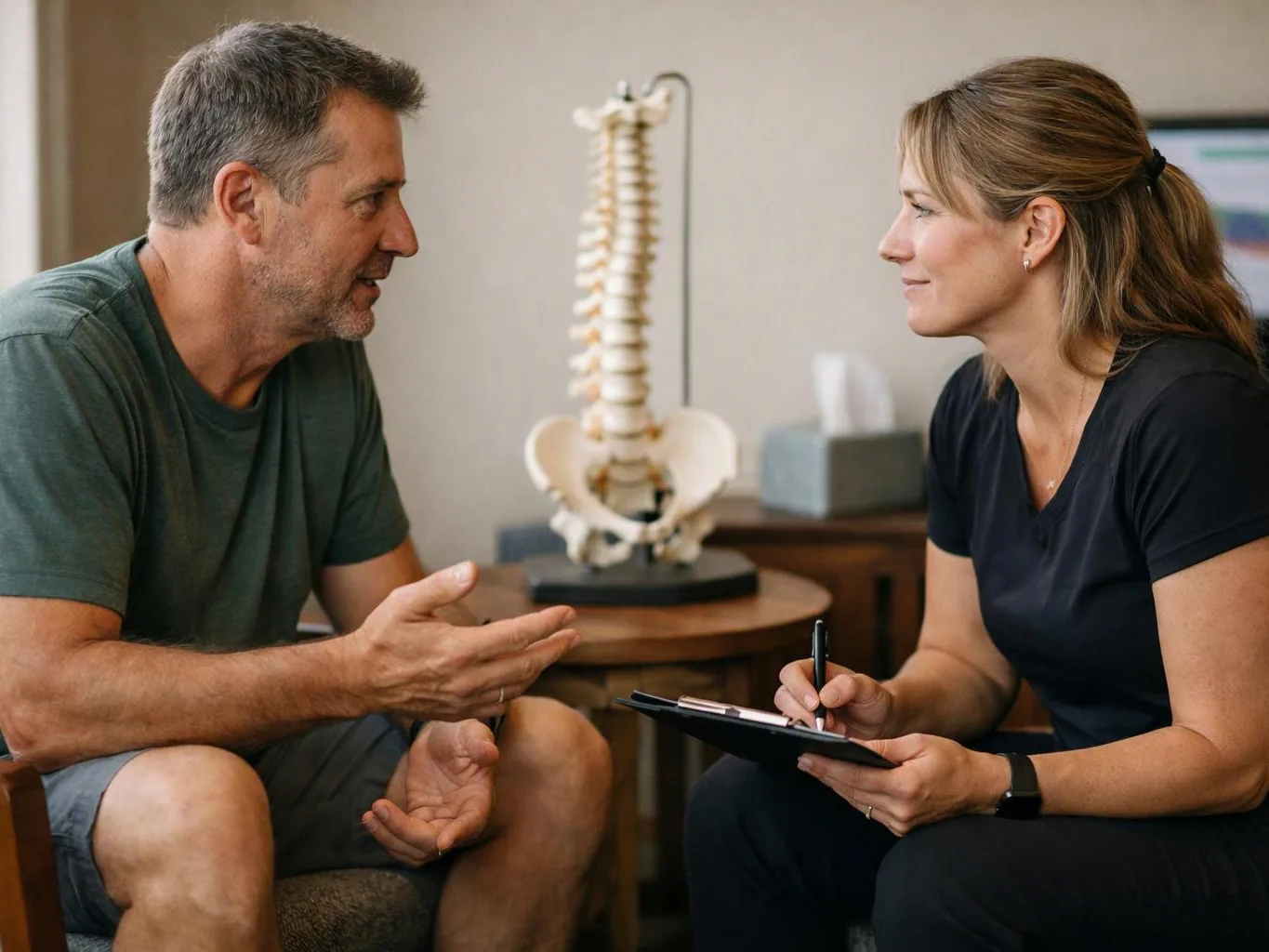 A woman writes on a clipboard while talking with a man, with a spine model displayed behind them