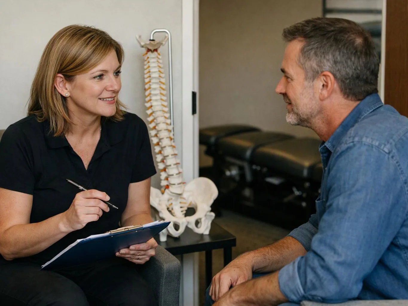 A woman writes on a clipboard while talking to a seated man beside a spine model in a clinic room
