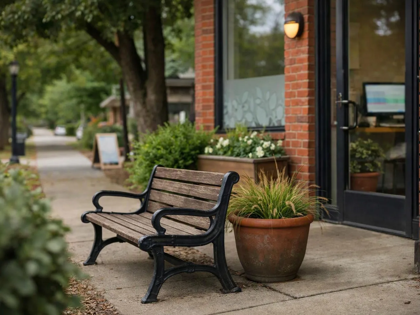 A wooden bench and potted plant sit beside a brick storefront on a quiet sidewalk