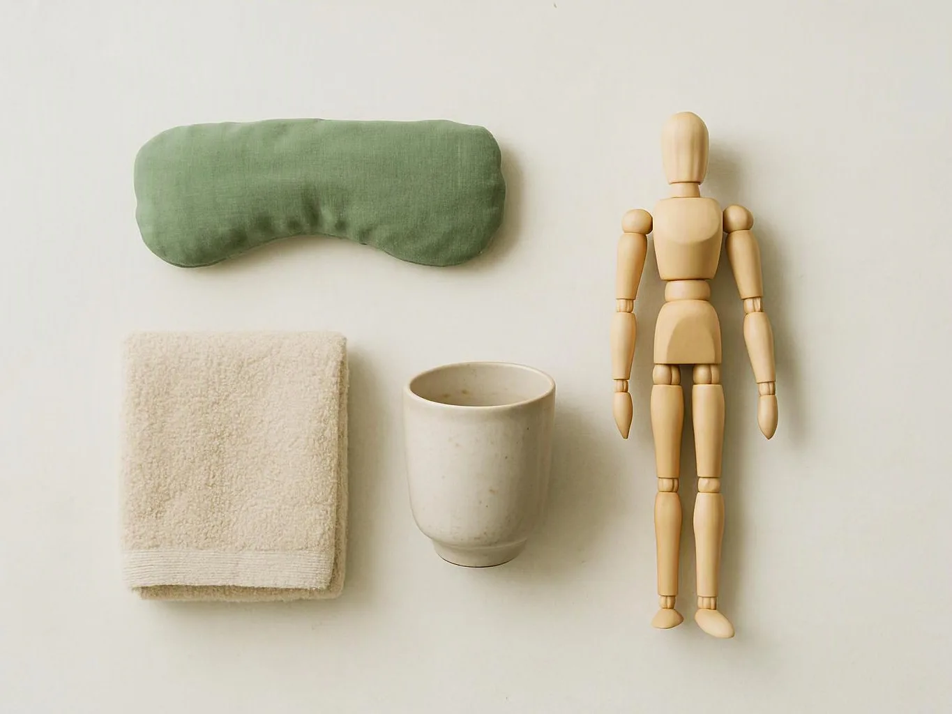 A wooden mannequin stands beside a cup, folded towel, and green eye mask on a plain light background