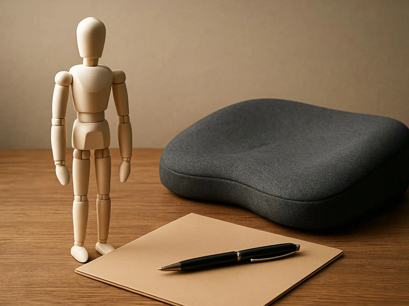 A wooden mannequin stands beside a notebook, pen, and dark cushion on a wooden tabletop