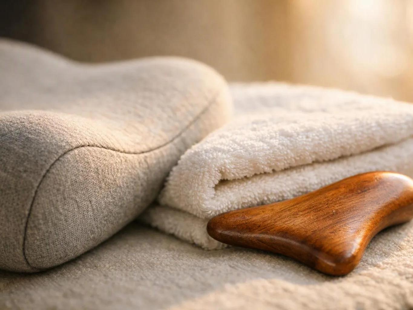 A wooden massage tool rests beside folded towels and a gray cushion in soft warm light