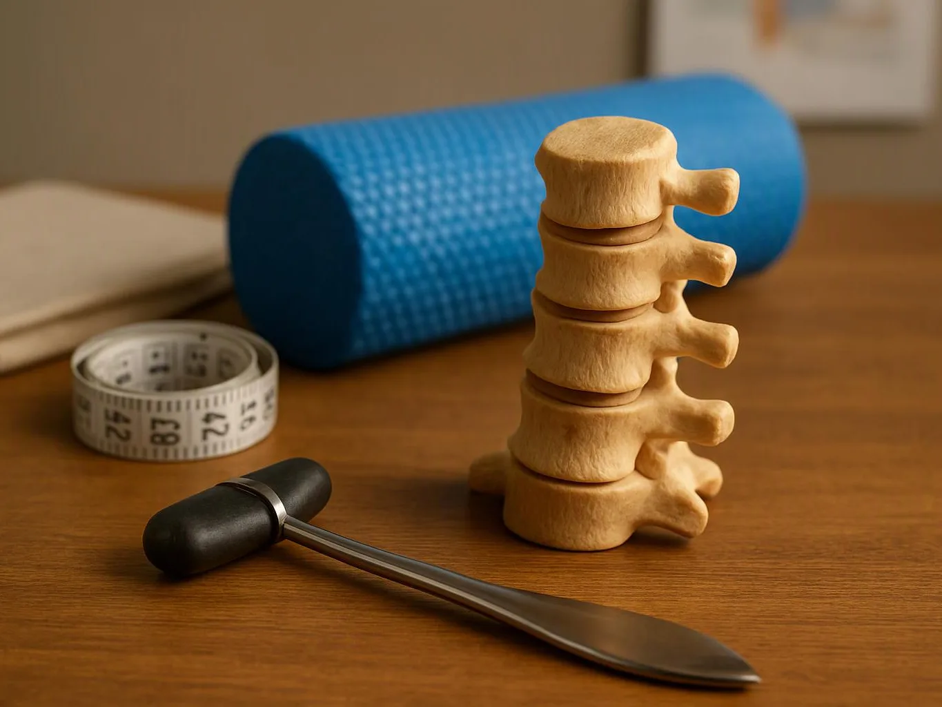 A wooden spine model stands on a table beside a reflex hammer, tape measure, and blue foam roller