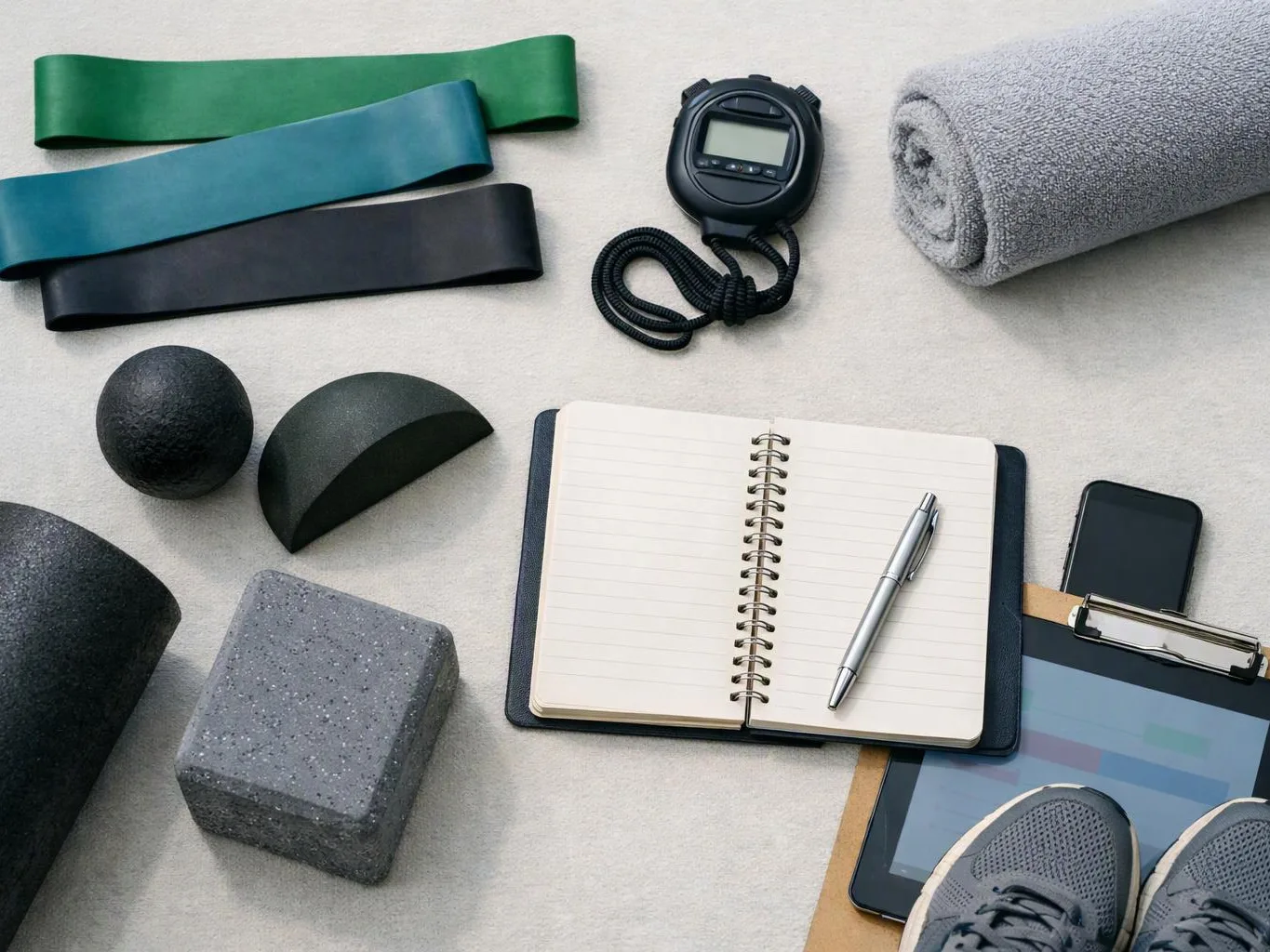 Workout gear and a notebook with a pen are arranged on a light surface next to a phone and sneakers